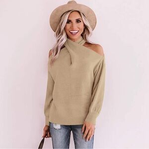Women's Beige Khaki Off-Shoulder Halter Neck Crossed V-Neck Sweater